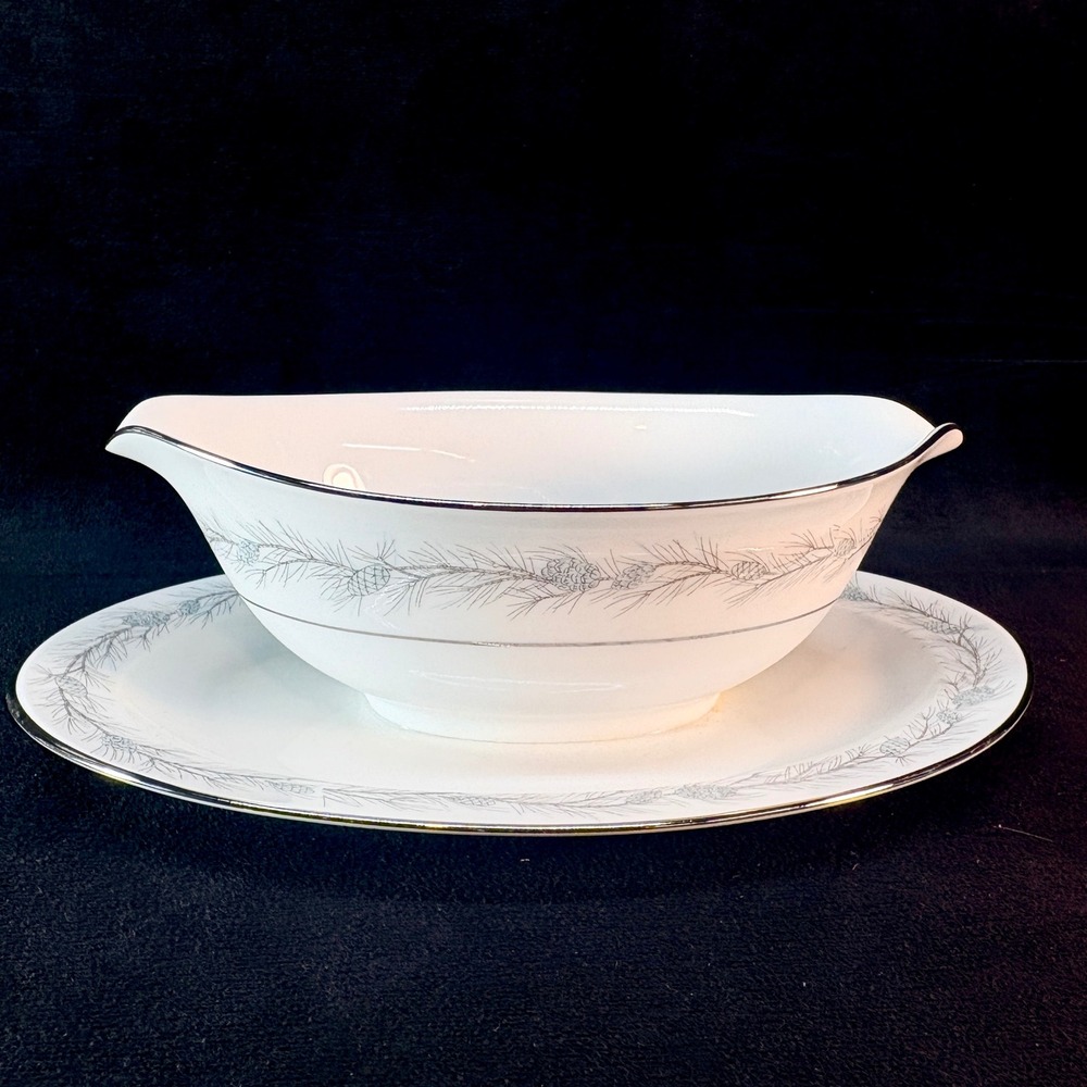 Style House Duchess Gravy Boat Fine China White Pine Cone Silver Trim Japan